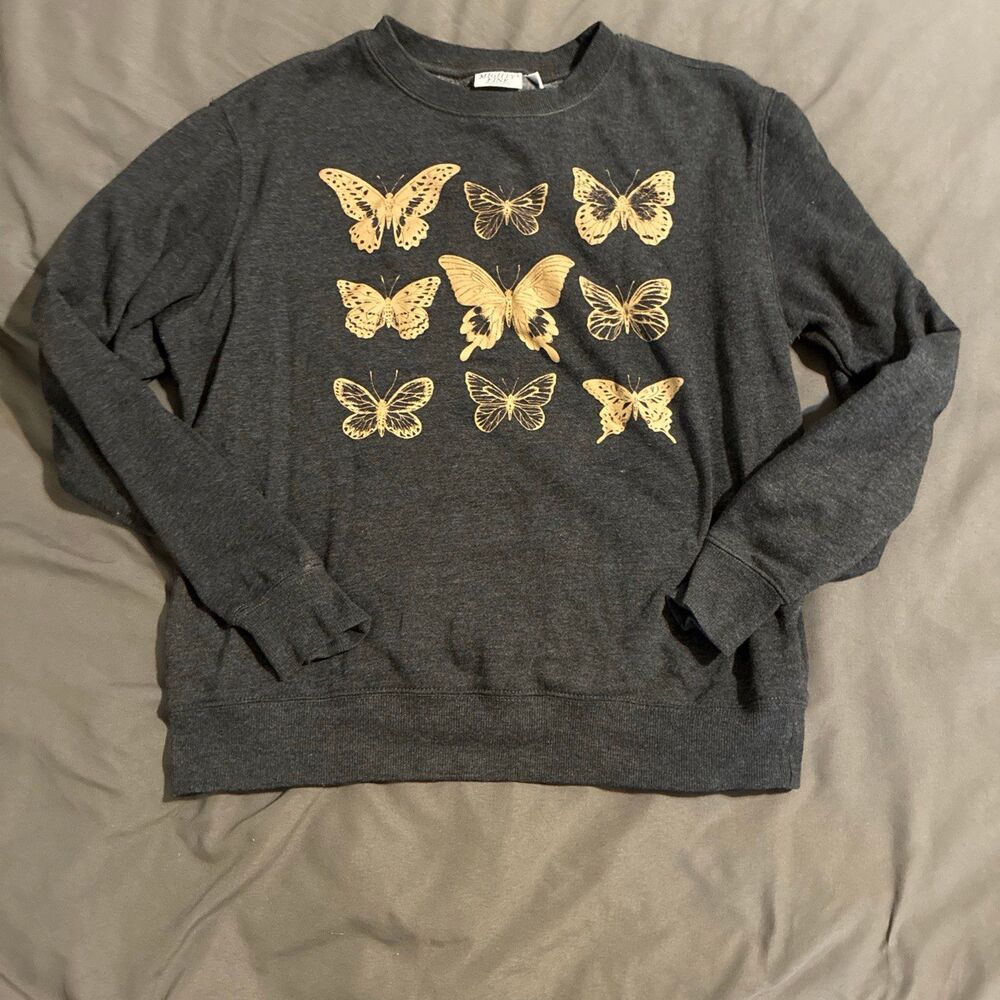 Women's Size Lg Mighty fine Pullover Sweatshirt Long Sleeve Black Butterflies